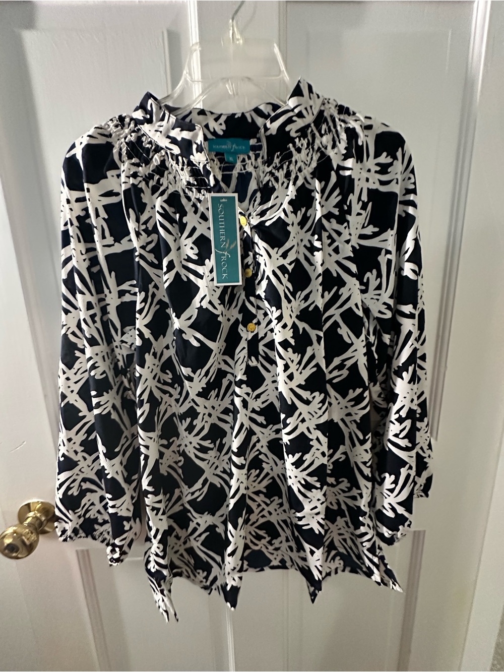 Southern Frock Navy & White Floral Shirred Neck Top